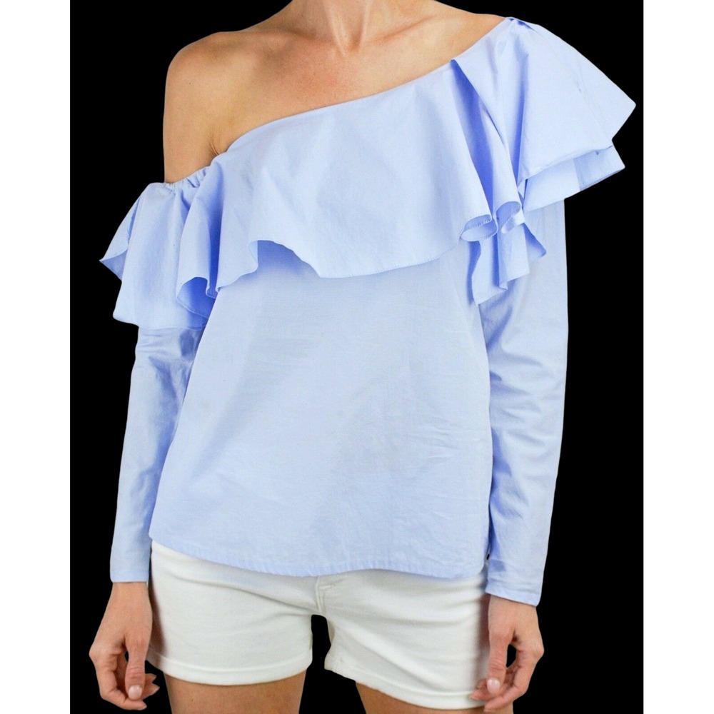 MLM Label Size XS Light Blue Blouse One Shoulder Ruffled Long Sleeve Cotton